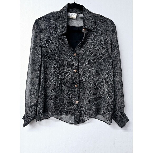 New York Tops - NEW YORK CITY DESIGN CO. Petite 100% Silk Gray Lined Button-Up Women Shirt (PM)